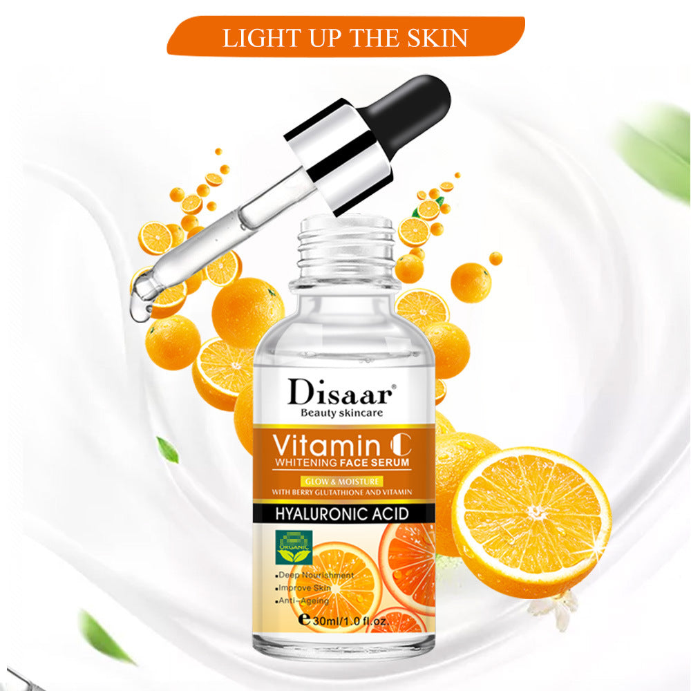 seo Hyaluronic Acid Vitamin C Face Serum Whitening with droplet and citrus background for radiant skin