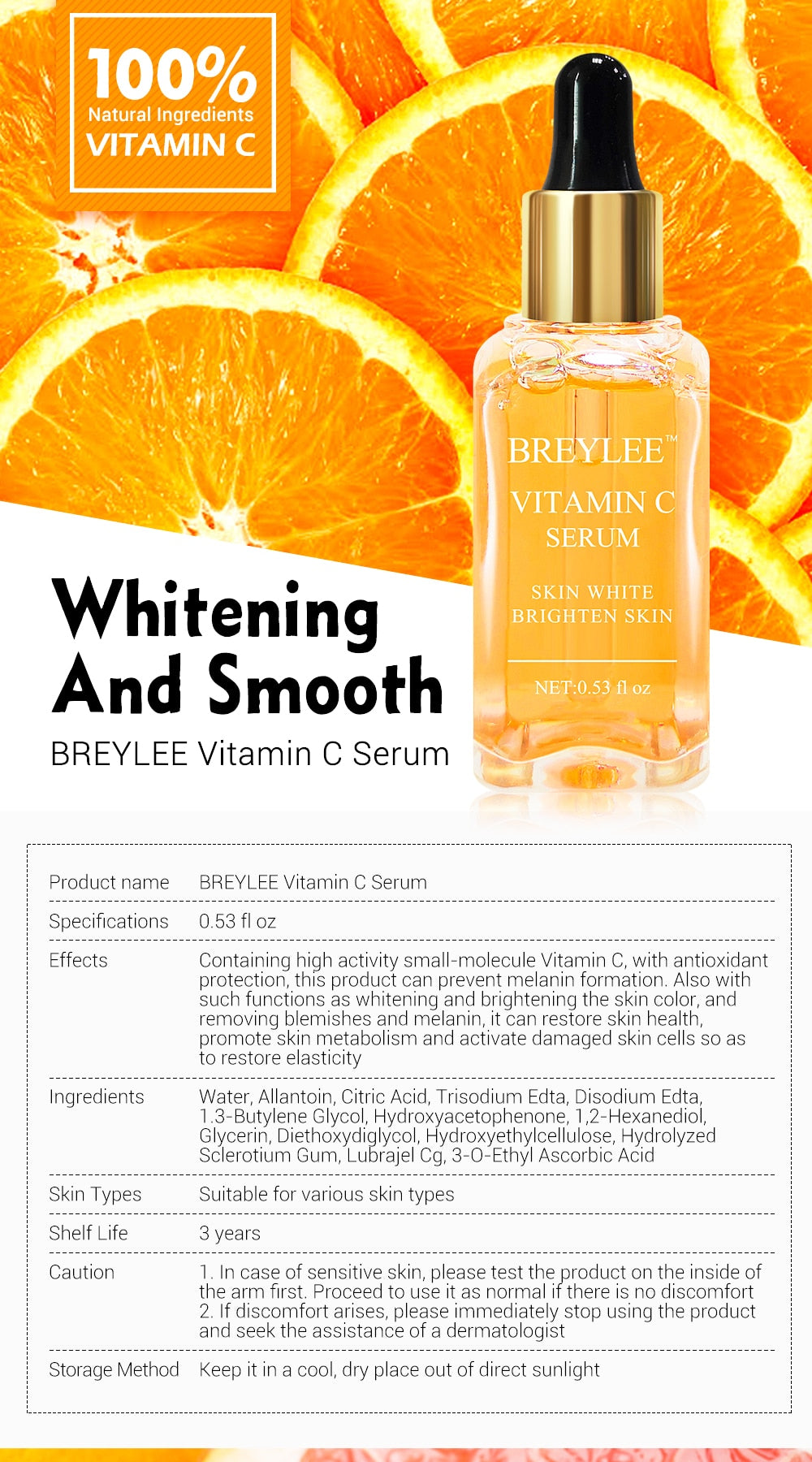 seo BREYLEE Vitamin C Serum with orange slices for skin brightening and whitening benefits.