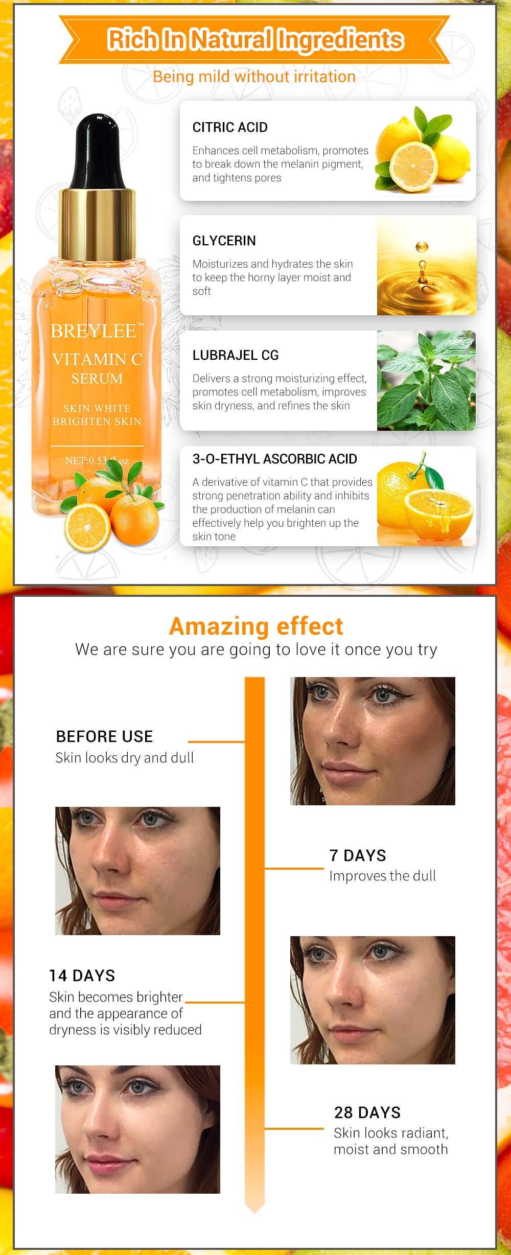 seo Vitamin C Whitening Serum ingredient details and skin improvement results over time.