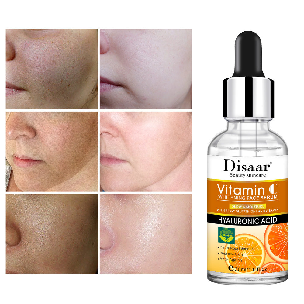 seo Hyaluronic Acid Vitamin C Face Serum Whitening before and after results on skin with product bottle